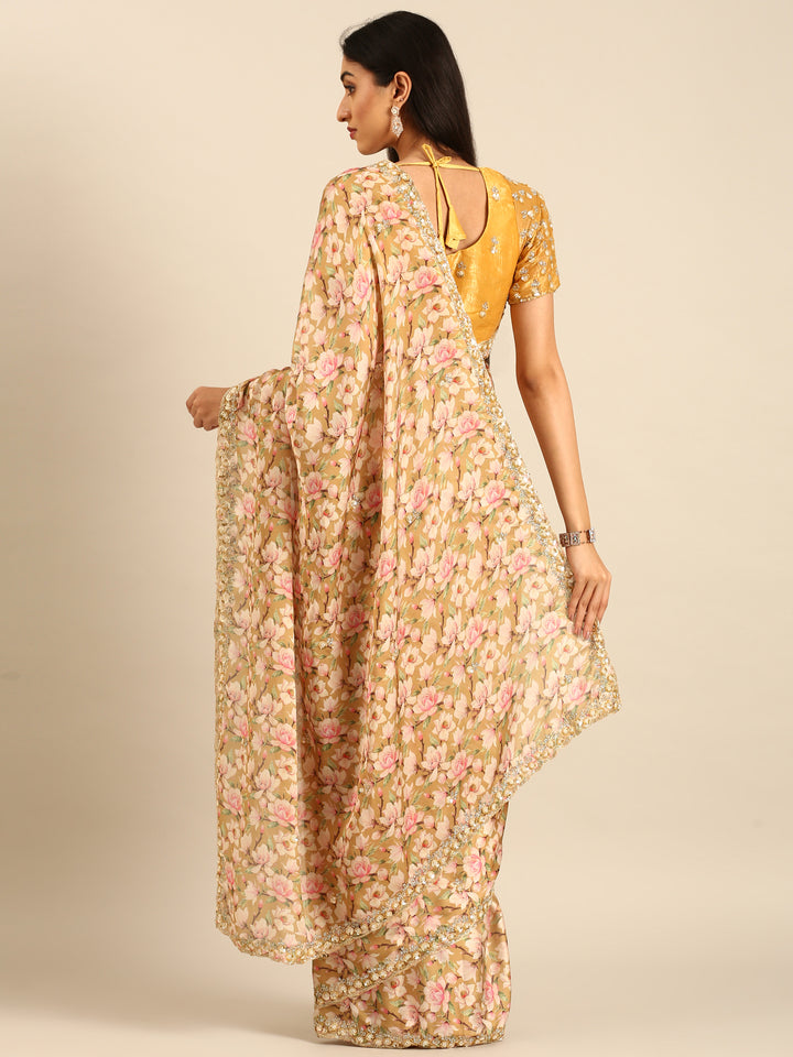 Yellow Floral Printed Satin Saree With Pearls & Sequins Embroidery With Heavy Readymade Blouse