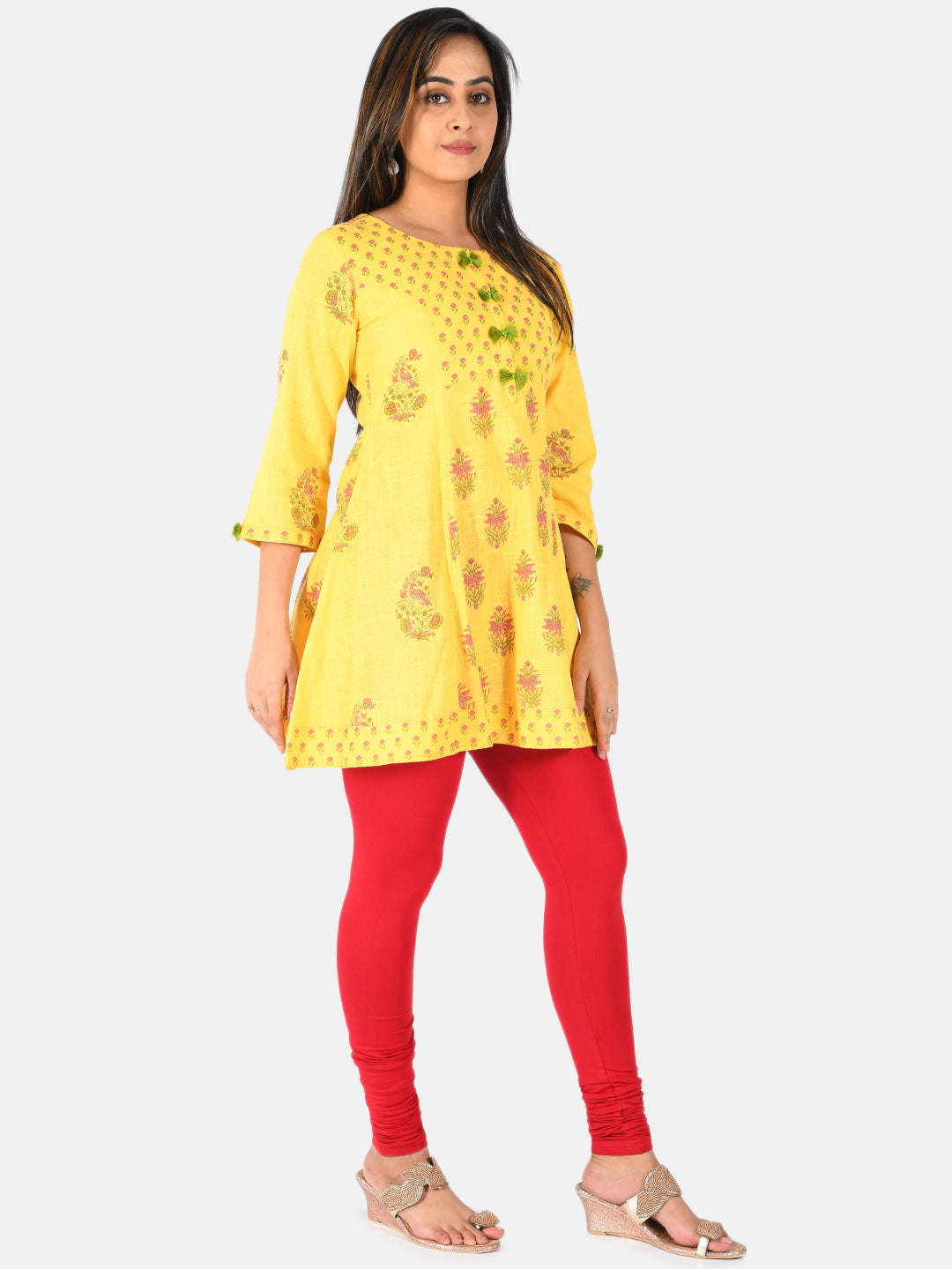 Neerus Women Mustard Yellow Printed A-Line Pure Cotton Kurti