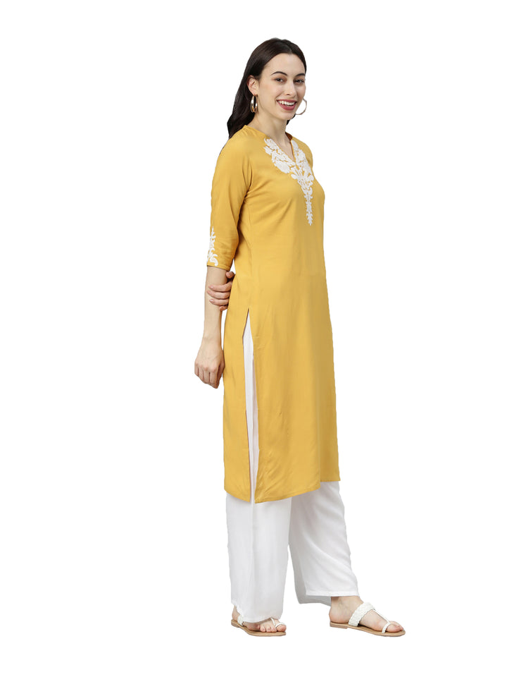 Neerus Yellow rayon thread embroidered kurti - detail view 1