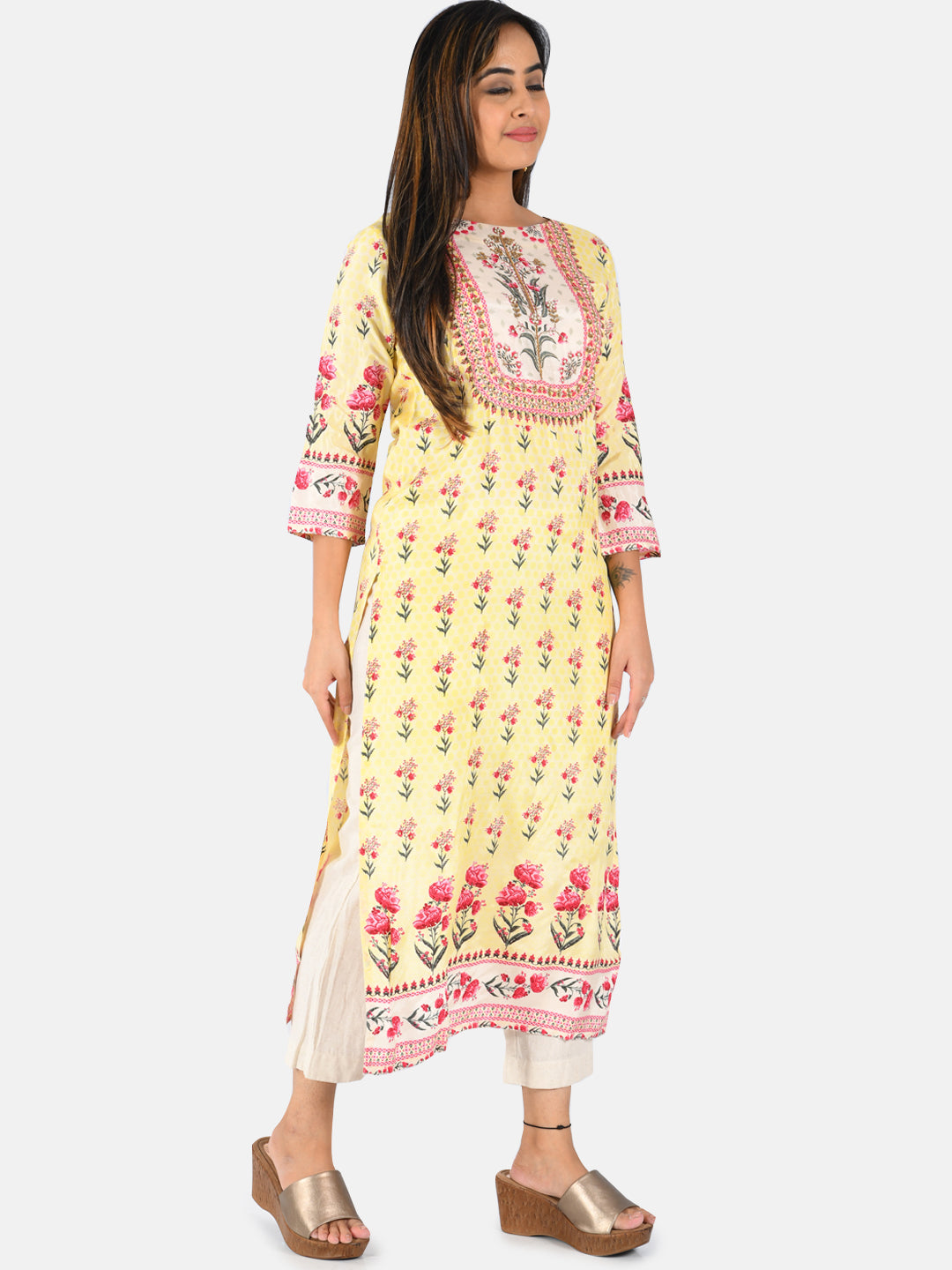 Neerus Yellow floral printed straight kurta - detail view 2