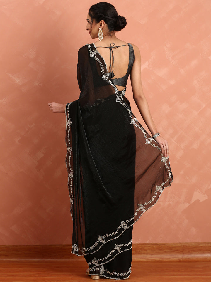 Black Jimmy Tissue Saree With Hand Embroidery
