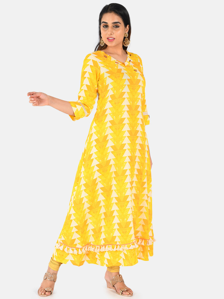 Neerus Yellow printed A-line kurta - detail view 2