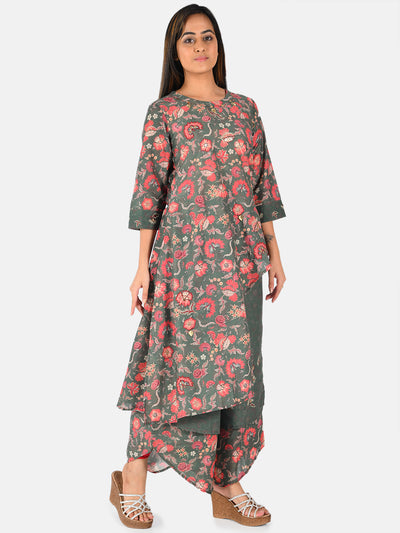 Neerus Women Green Pink Printed A-Line Kurta