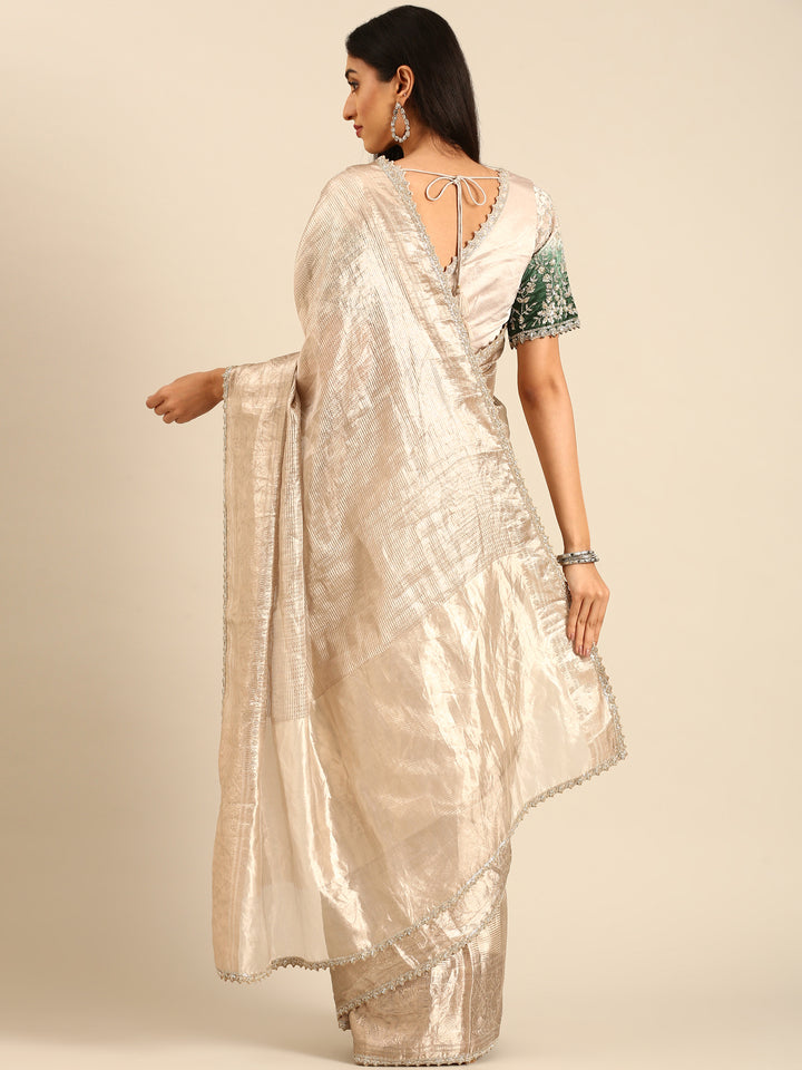 Silver Tissue Saree Silver Zari Allover Work Heavy Green Contrast Blouse Readymade Blouse
