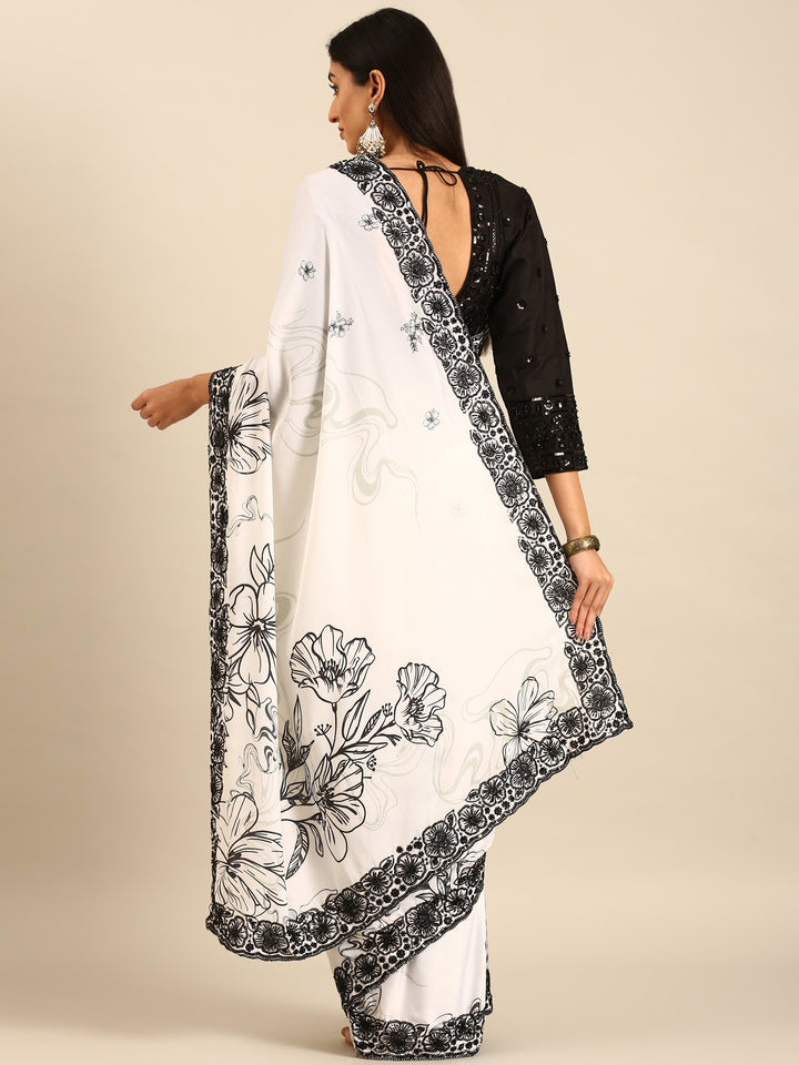 Black & White Satin Printed Saree With Hand Embroidery And Ready Made Blouse
