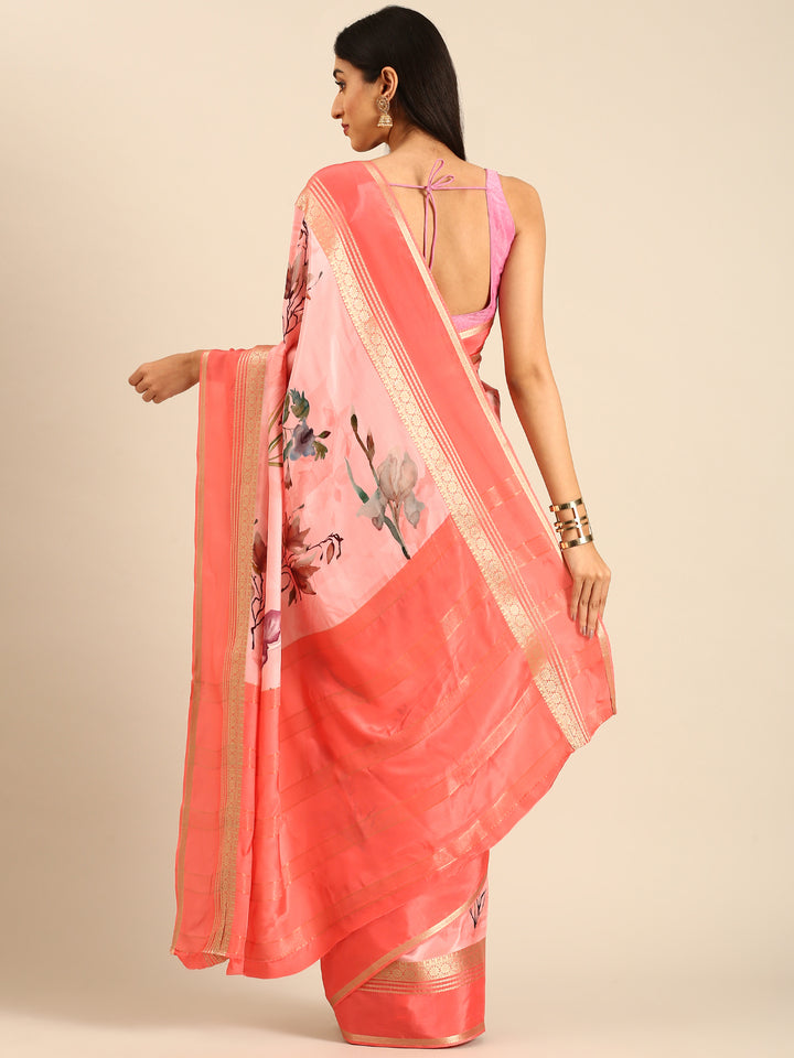 Pink Mysore crepe saree with Zari contrast border