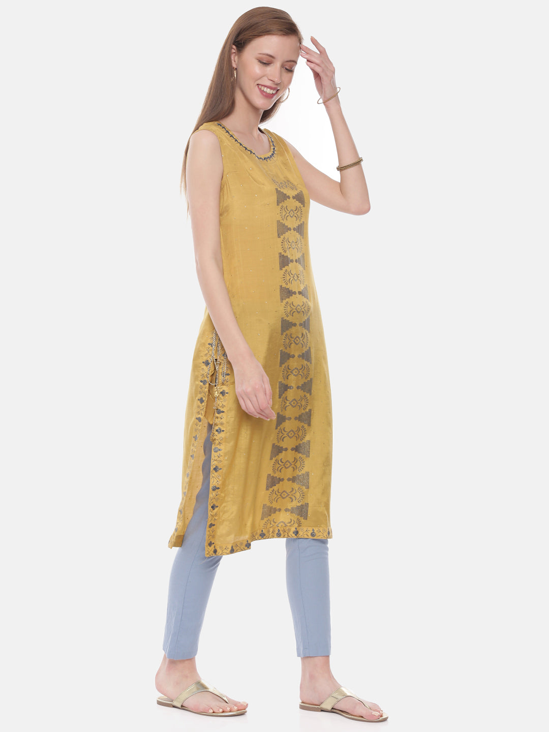 Neerus Yellow embroidered straight kurta - side view