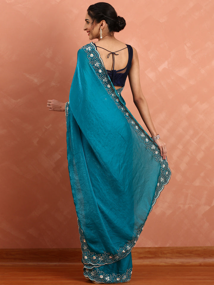 Peacock green jimmy saree with hand embroidery
