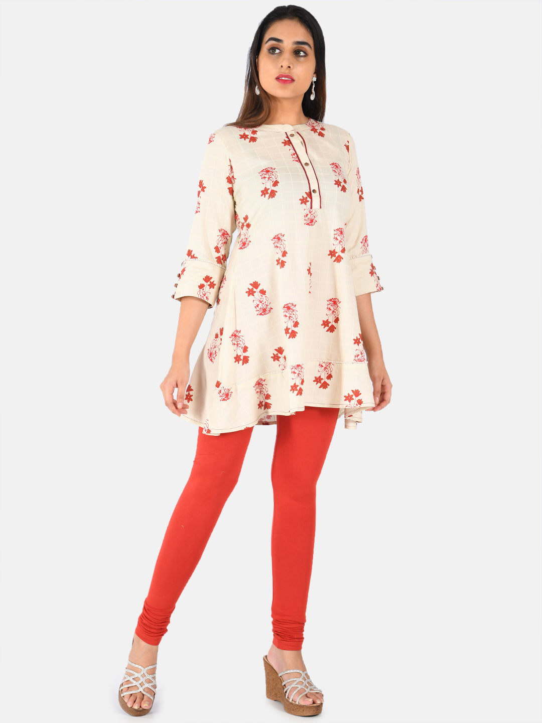 Neerus Beige printed A-Line kurti - detail view 2