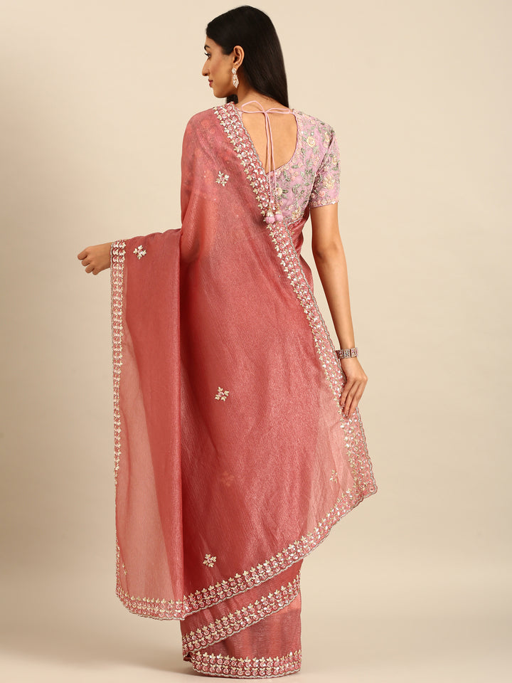 Onion pink Jimmy crushed tissue saree with pearls & sequins embroidery with heavy ready made blouse