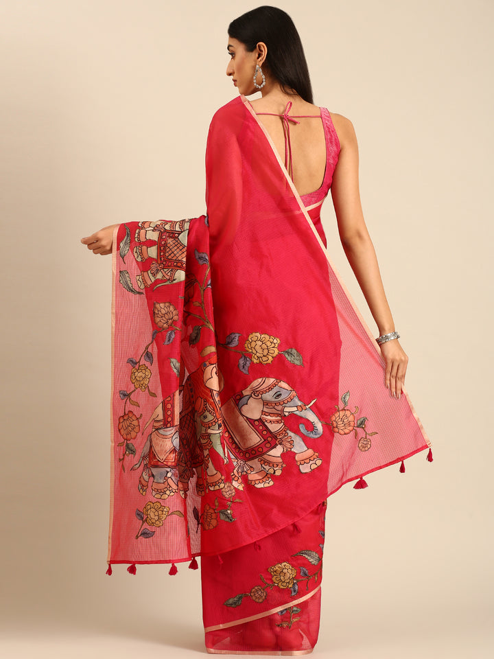 Rani Pink Kota Saree With Kalamkari Appliqué Work On Pallu