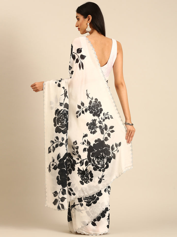 Black & White Floral Printed Satin Saree With Swarovski Embroidery
