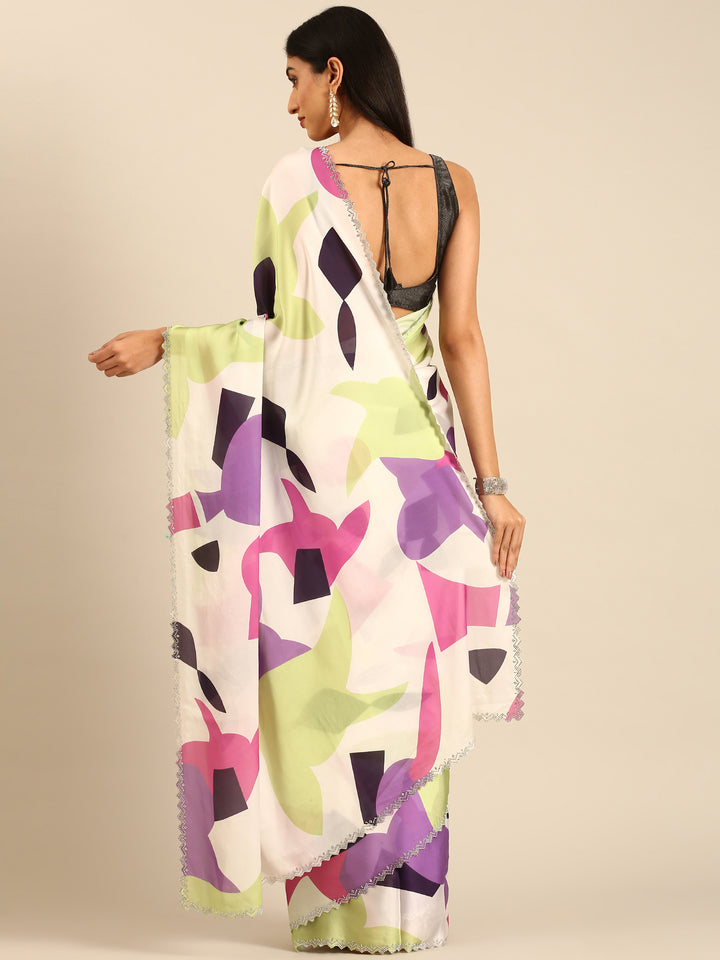 Cream & Purple Printed Satin Saree With Swarovski Embroidery