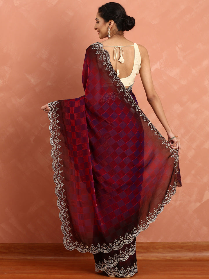 Maroon jacquard satin organza saree with hand embroidery