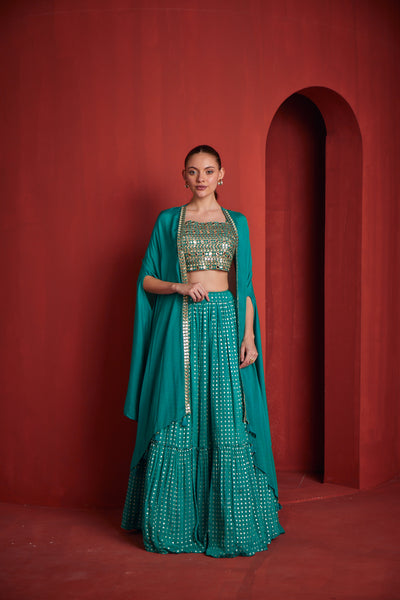 NEERU'S WOMENS RAMA COLOR BANARAS FABRIC GHAGRA SET