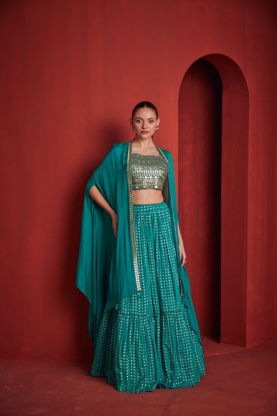 NEERU'S WOMENS RAMA COLOR BANARAS FABRIC GHAGRA SET