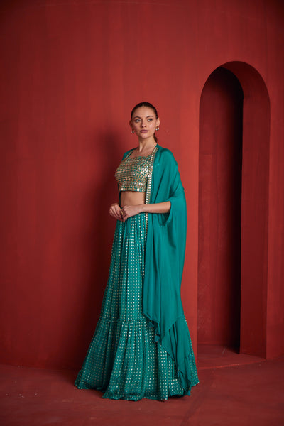NEERU'S WOMENS RAMA COLOR BANARAS FABRIC GHAGRA SET