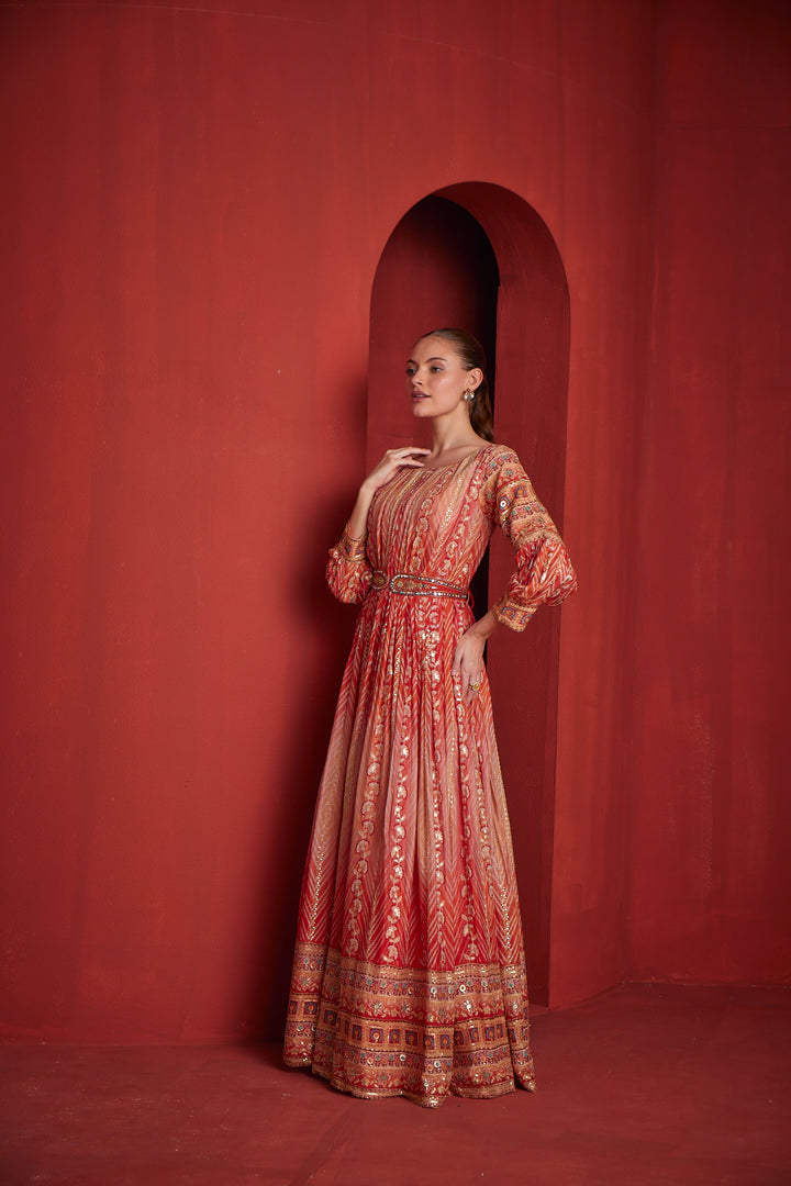 Neerus Womens Rust Color Chinon Fabric Gown