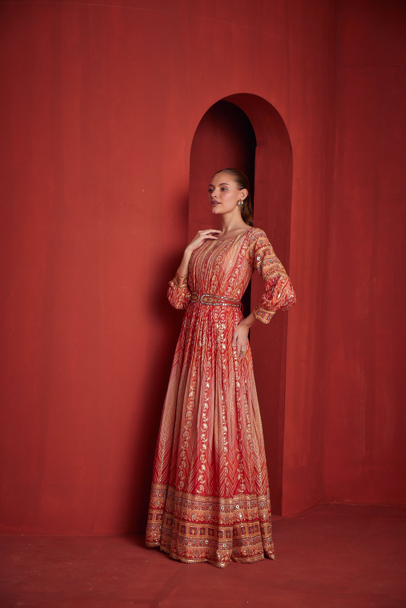 NEERU'S  WOMENS RUST COLOR CHINON FABRIC DRESS