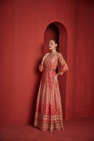 NEERU'S  WOMENS RUST COLOR CHINON FABRIC DRESS