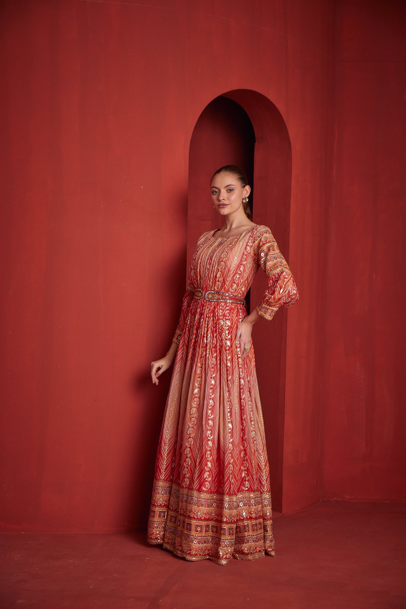 Neeru's Womens Rust Color Chinon Fabric Gown