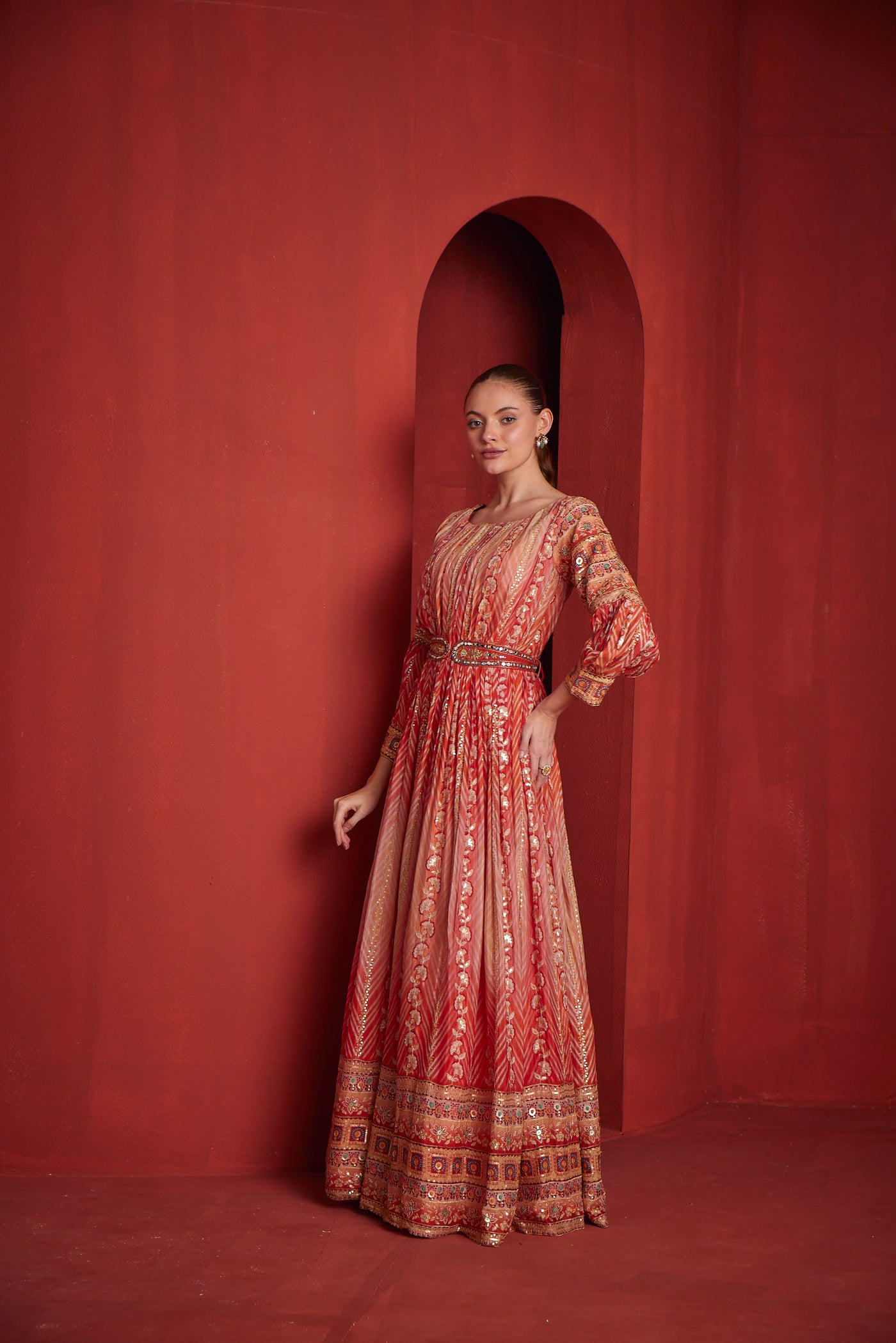NEERU'S  WOMENS RUST COLOR CHINON FABRIC DRESS