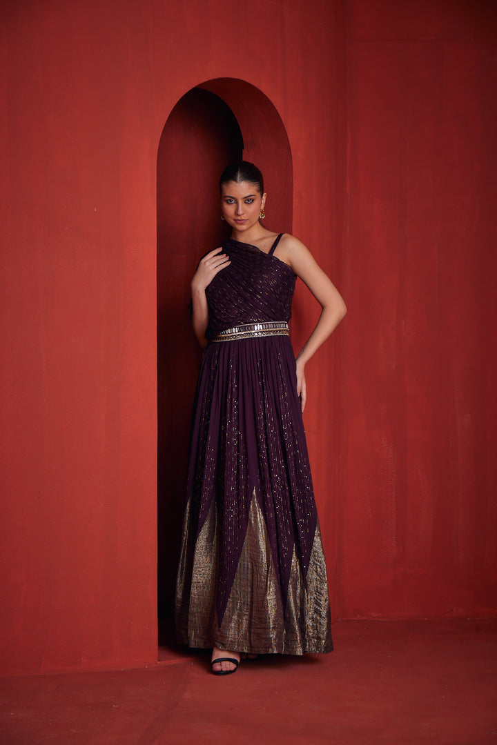 Neerus Maroon organza embellished suit set - side view