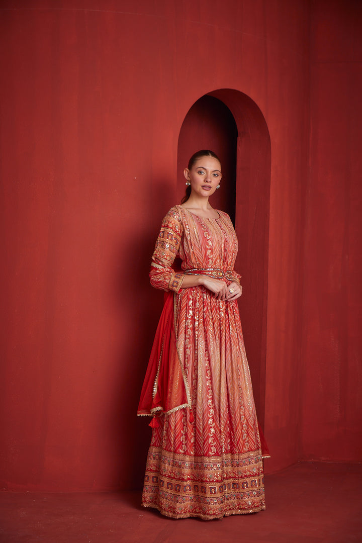 Neerus Womens Rust Color Chinon Fabric Gown