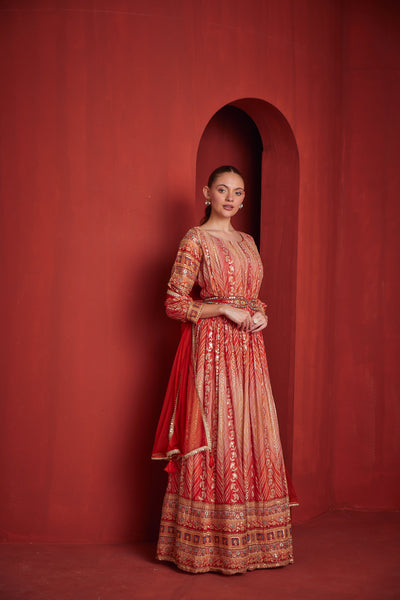 NEERU'S  WOMENS RUST COLOR CHINON FABRIC DRESS