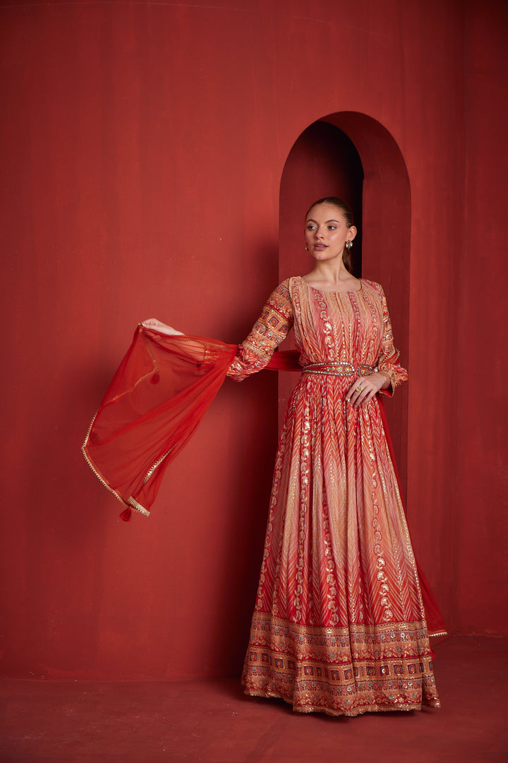 Neerus Womens Rust Color Chinon Fabric Gown