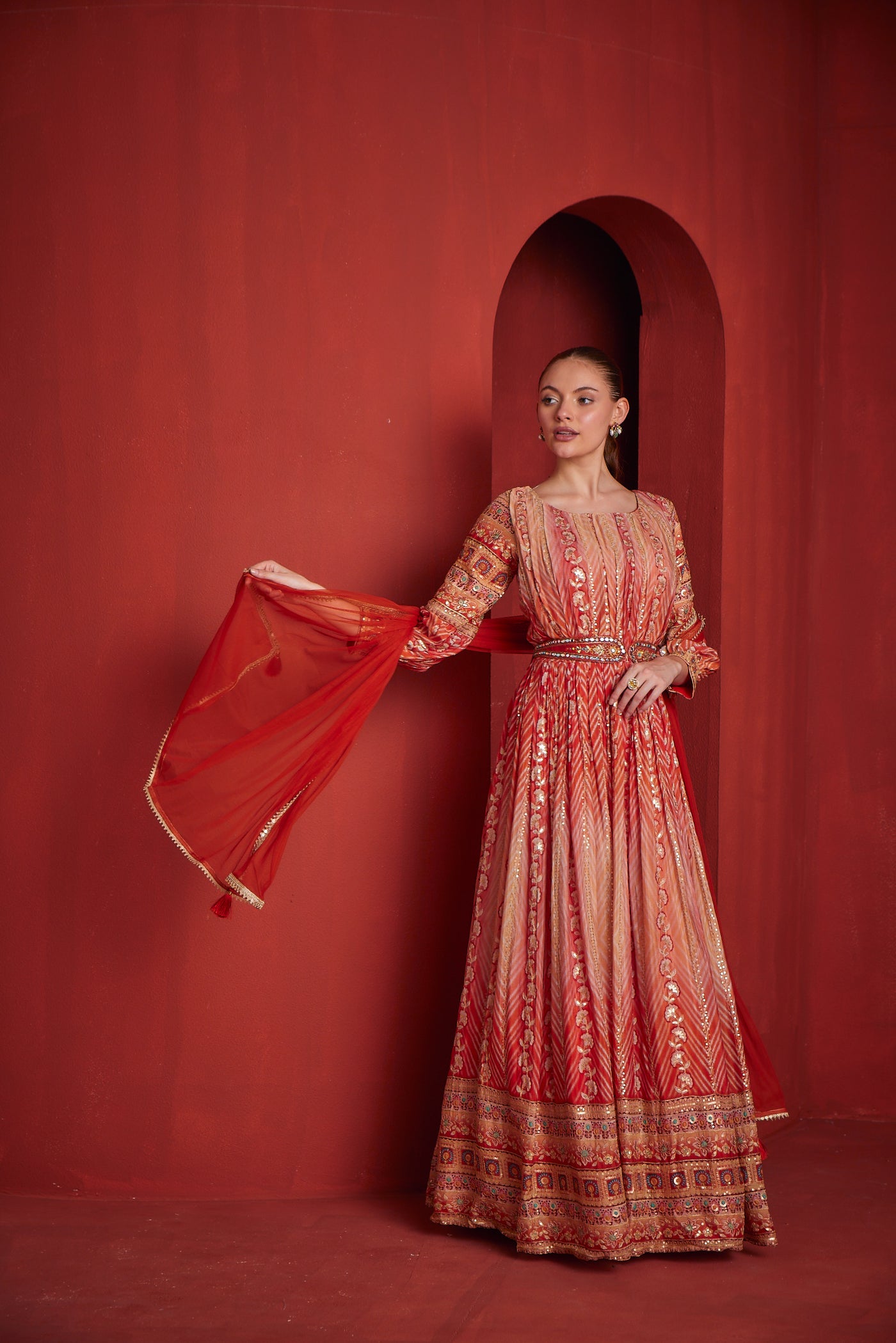 NEERU'S  WOMENS RUST COLOR CHINON FABRIC DRESS