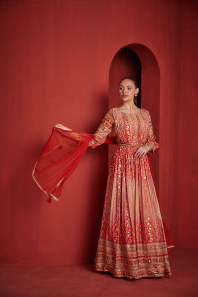 NEERU'S  WOMENS RUST COLOR CHINON FABRIC DRESS