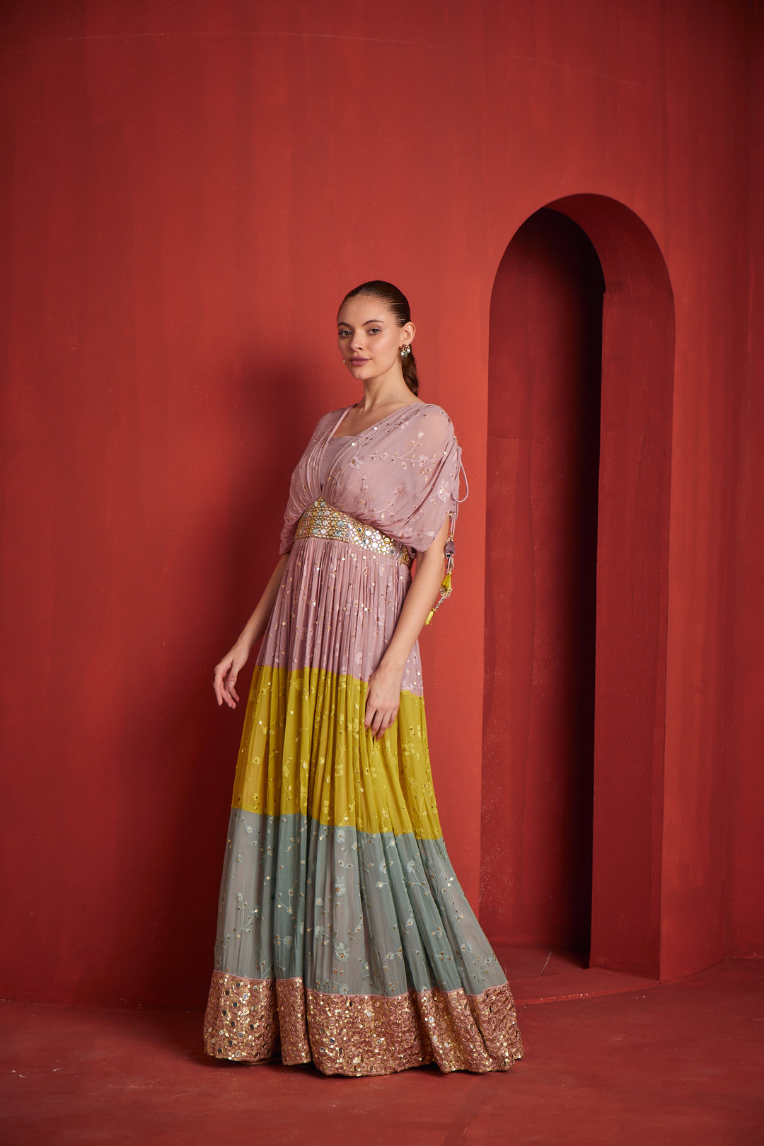 Neerus Multi organza embellished gown - side view