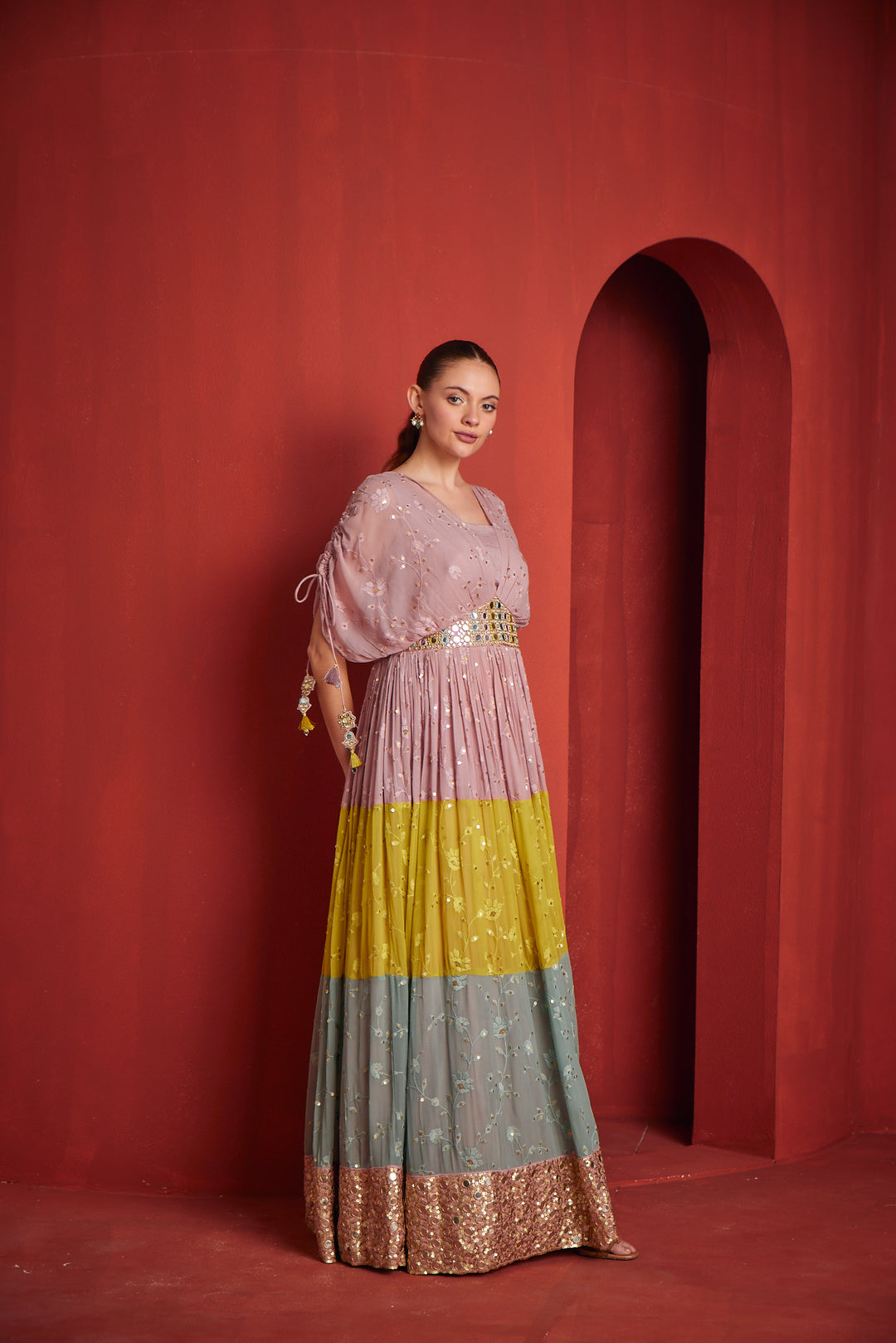 open lace back dress Neerus Multi Floral Embellished Organza Maxi Gown for Festive Wedding Women  – Neerus India