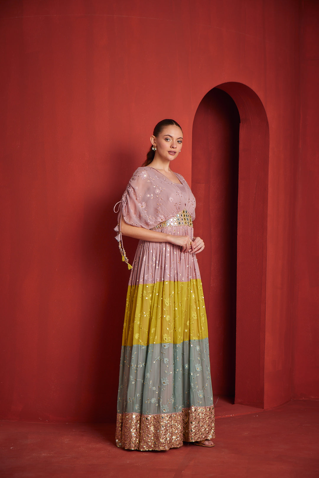 Neerus Multi Floral Embellished Organza Maxi Gown for Festive Wedding Women  – Neerus India