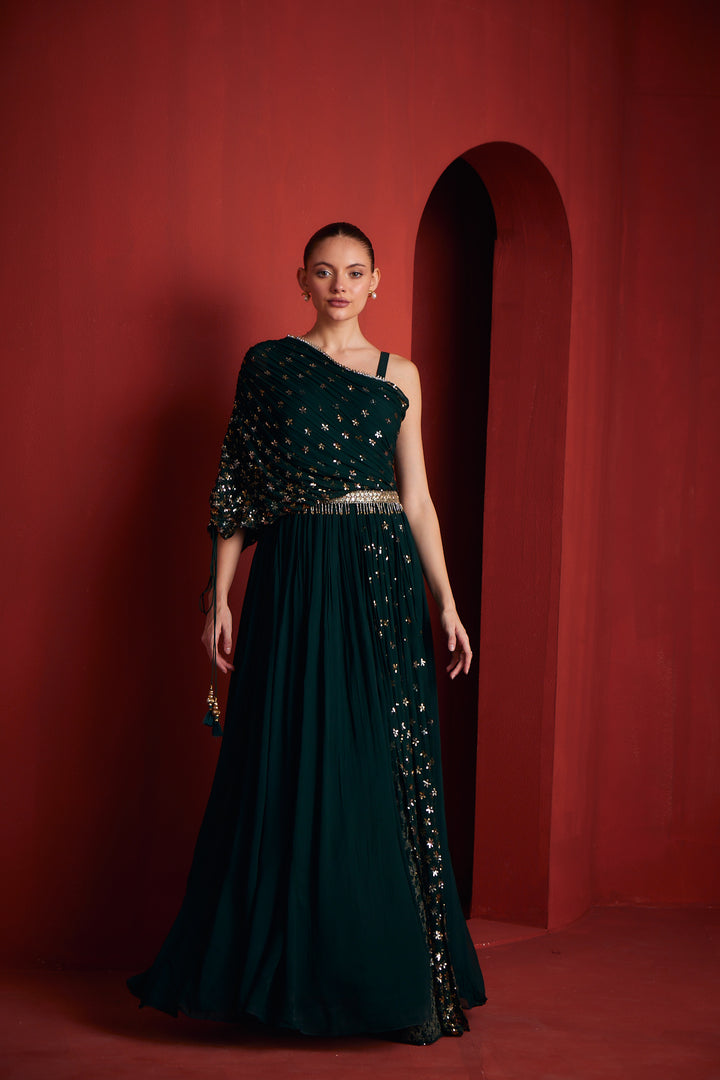 Neerus Green georgette suit set - front view