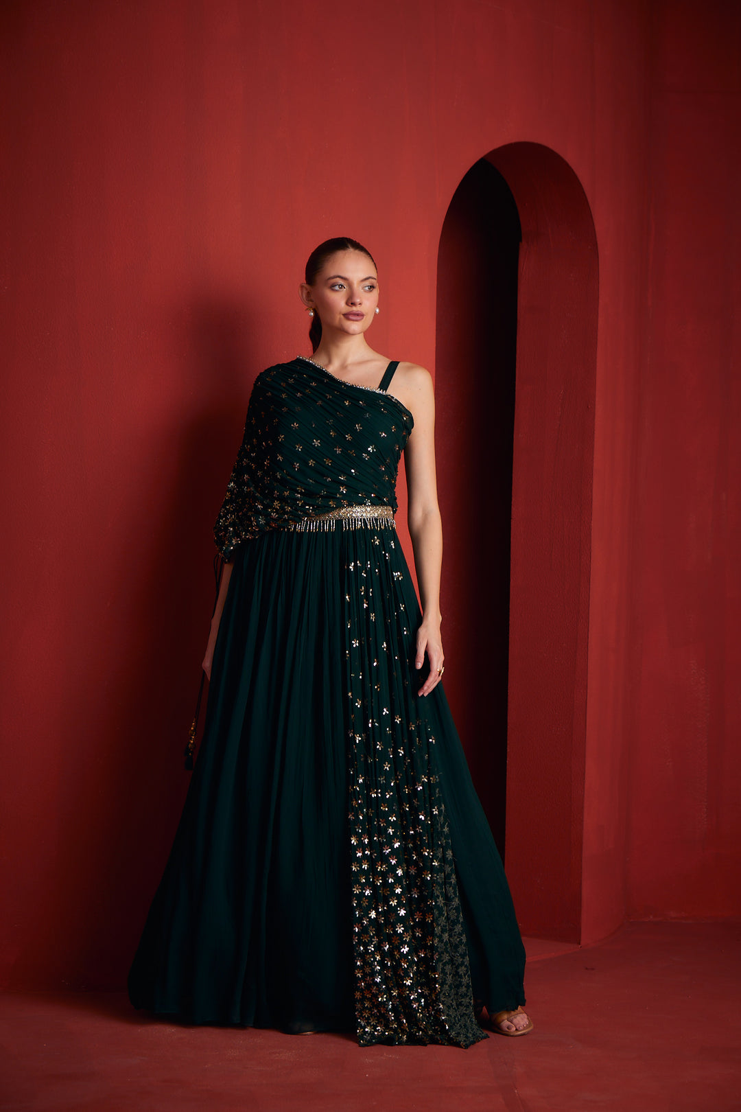 Neerus Green georgette suit set - back view