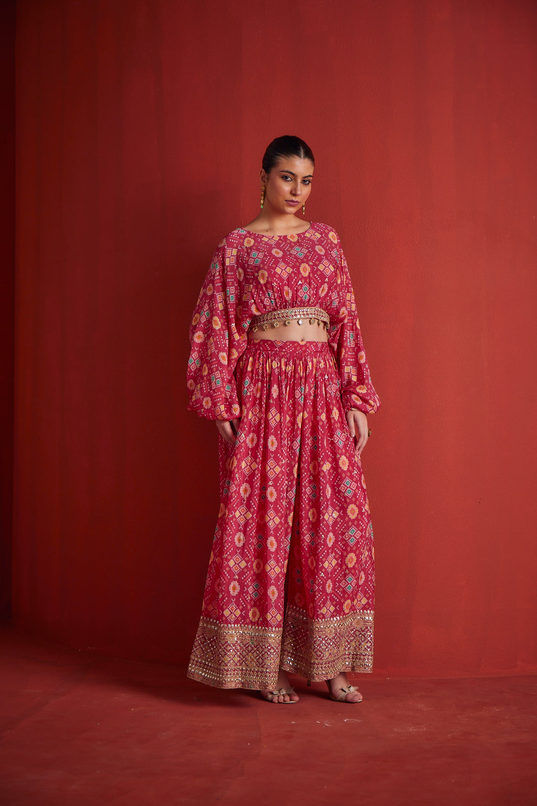 Neerus Pink crepe co-ord fusion set - front view