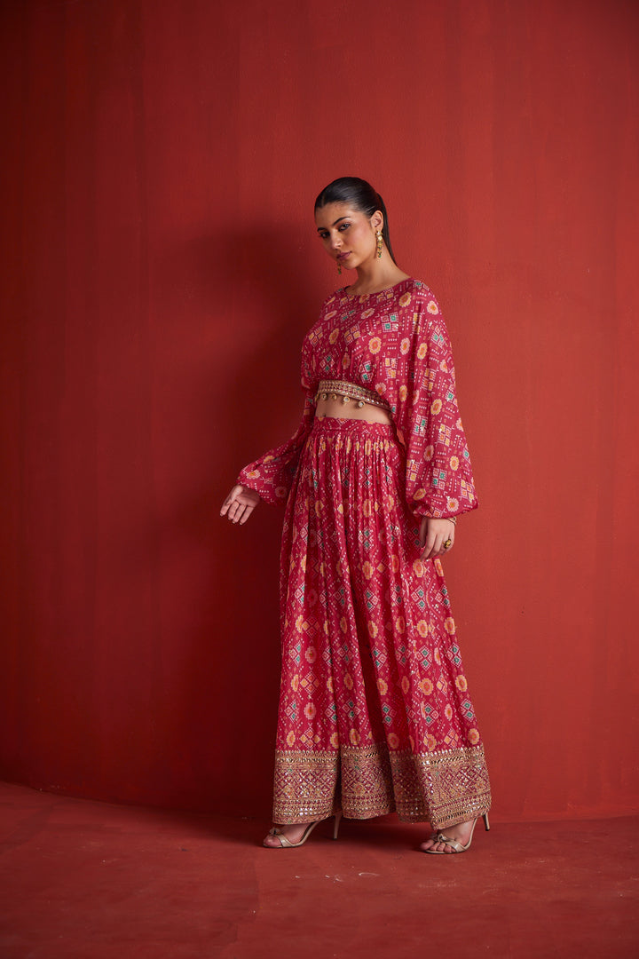 Neerus Pink crepe co-ord fusion set - side view
