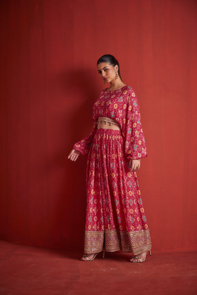 NEERU'S WOMENS RANI COLOR CREPE FABRIC CROP TOP PLAZZO SET