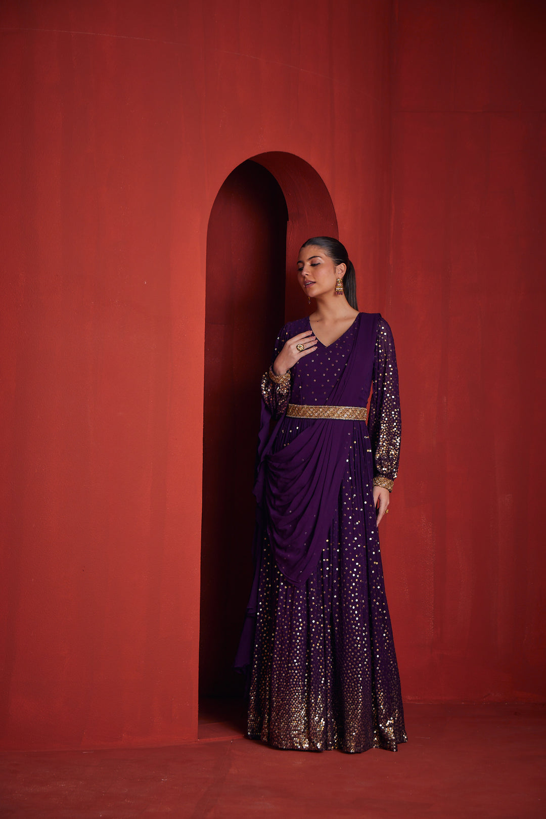 Neerus Purple Solid Georgette Straight Suit Set - Kurta + Bottom + Dupatta for Festive Women Neerus India Neerus Purple Solid Georgette Straight Suit Set - Kurta + Bottom + Dupatta for Festive Women Neerus India