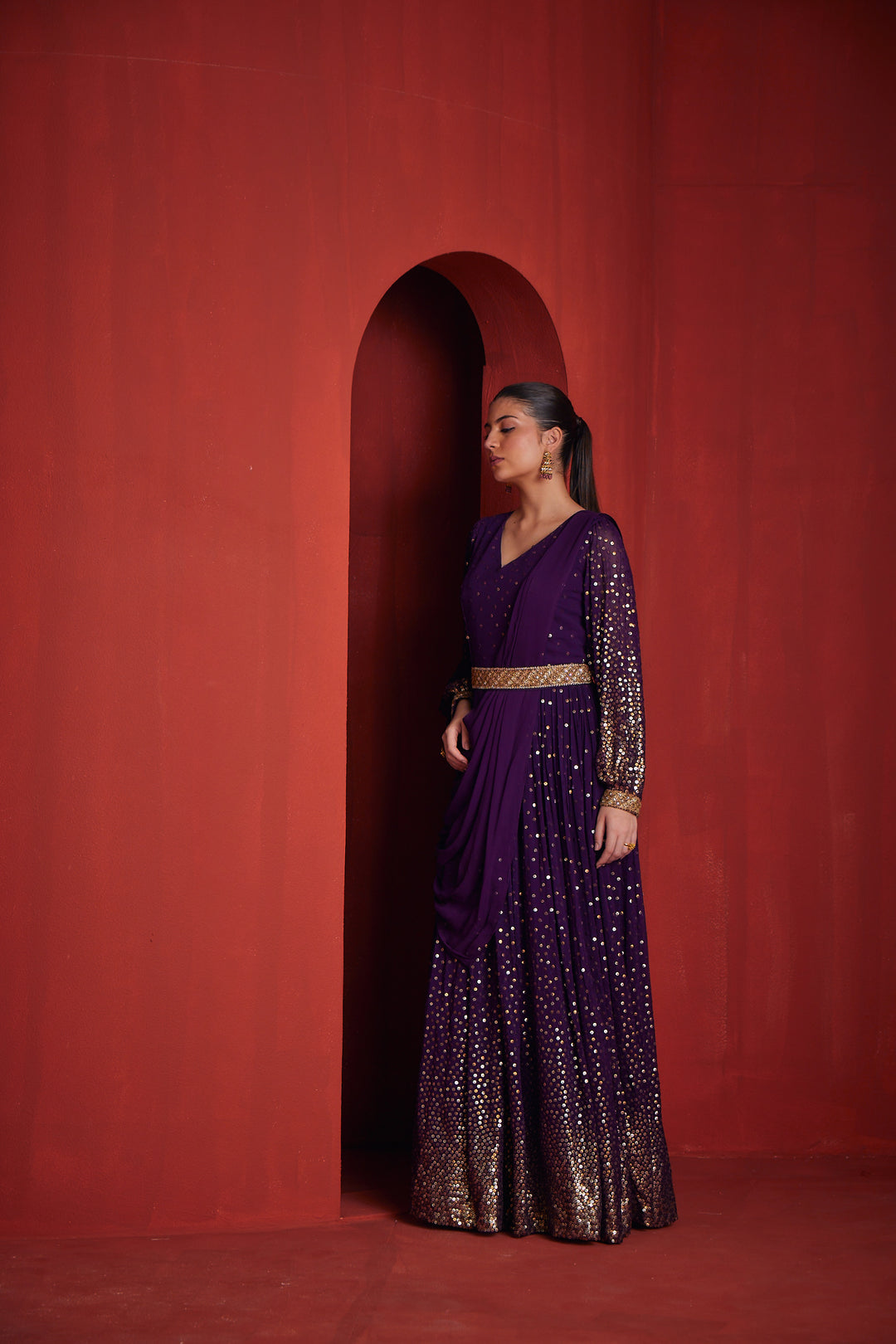 Neerus Purple Georgette Straight Suit Set - back view