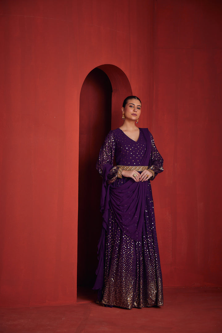 Neerus Purple Georgette Straight Suit Set - side view