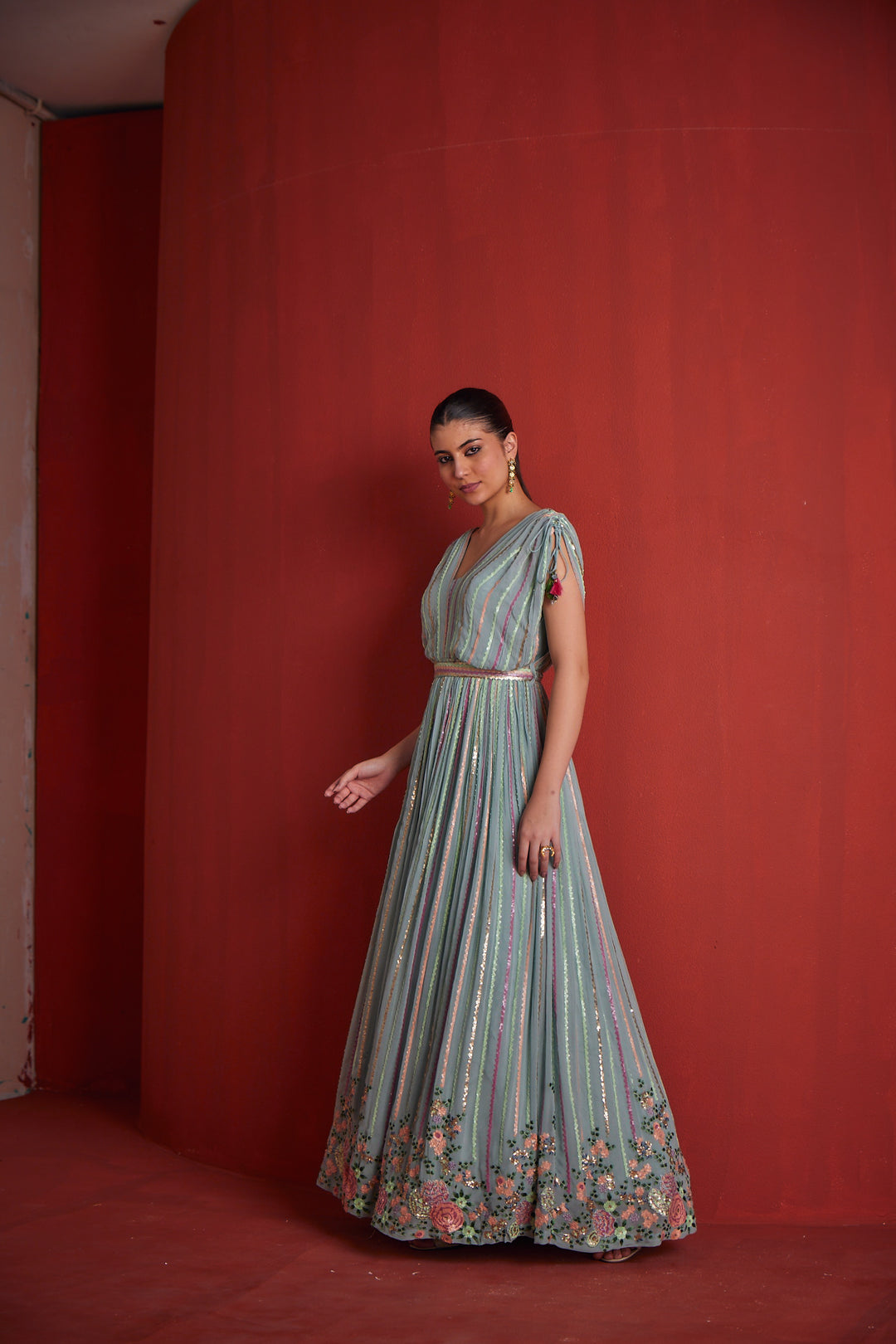 Neerus Green Floral Embroidered Georgette Flared Gown for Party Women – Neerus India