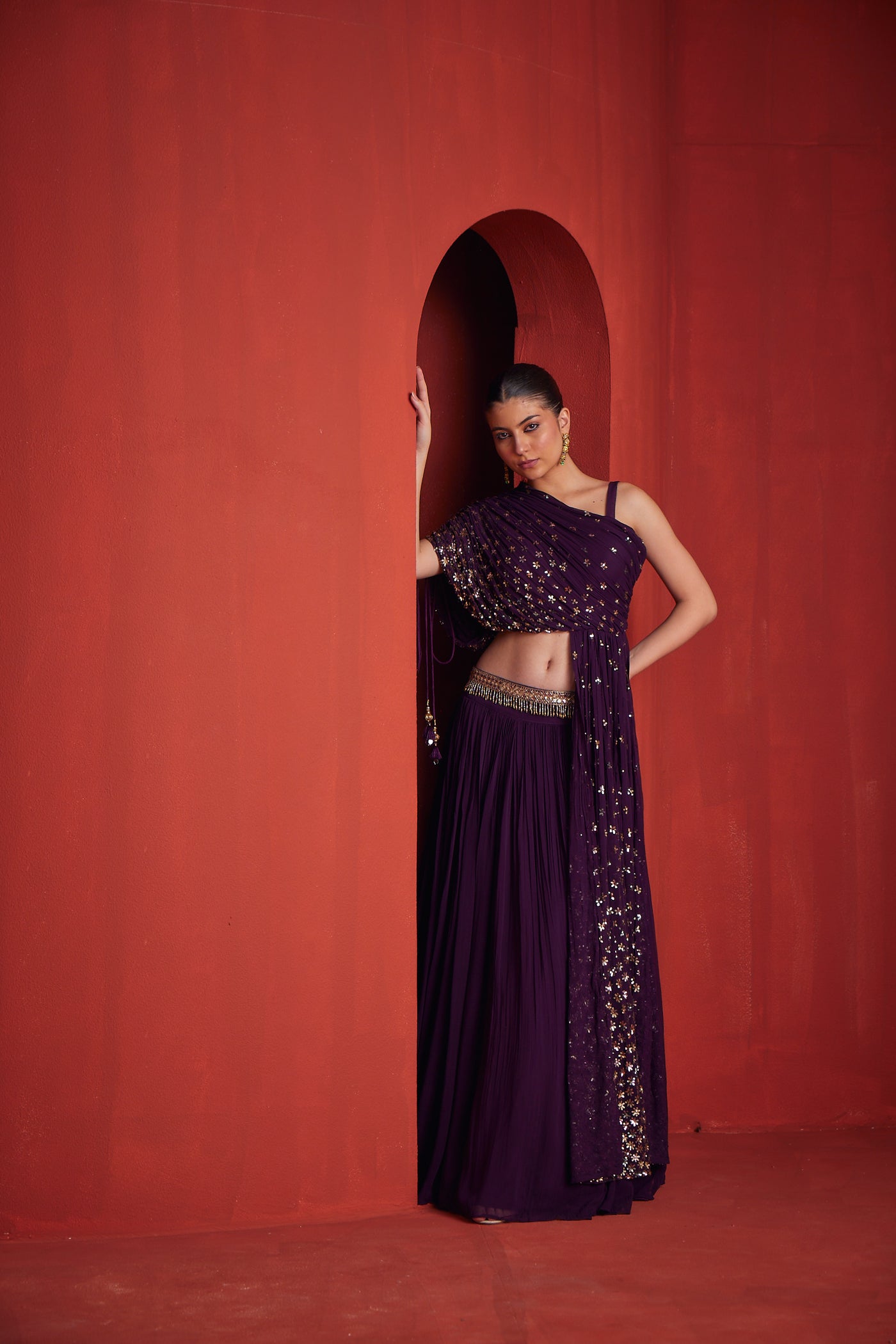 NEERU'S WOMENS WINE COLOR GEORGETTE FABRIC GHAGRA SET