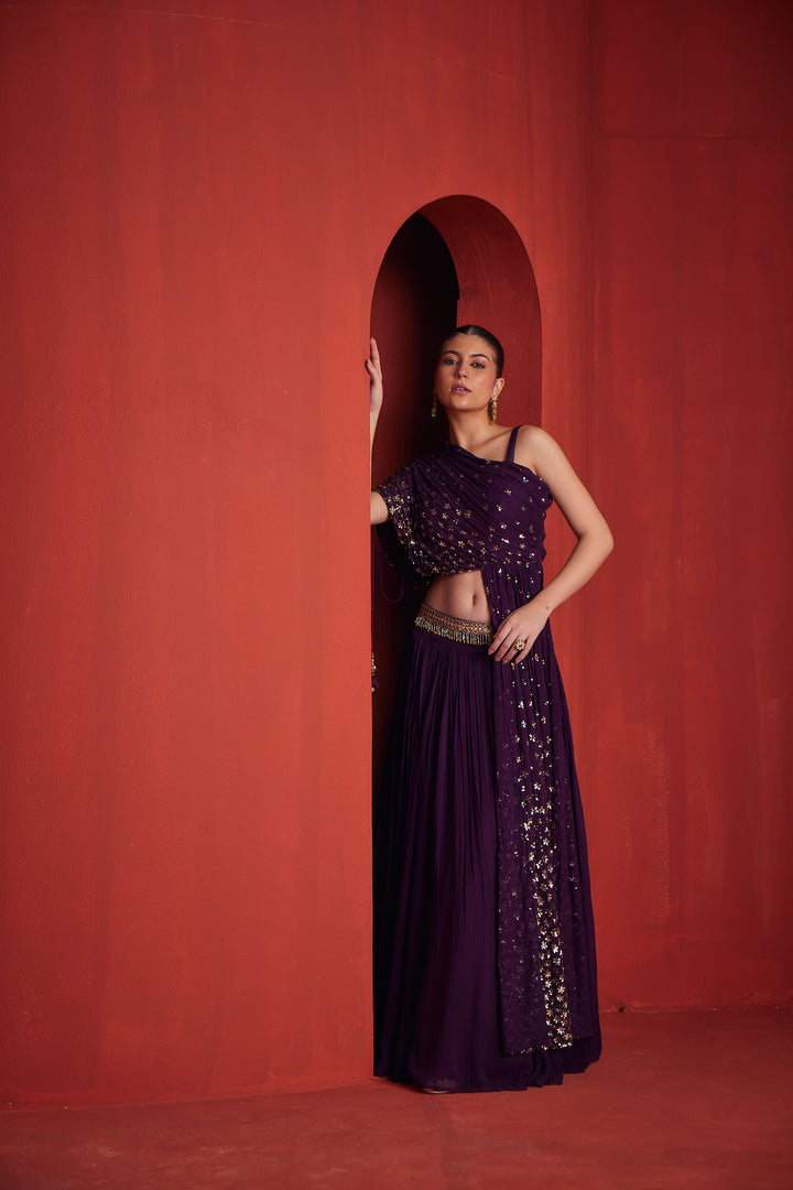 Neerus Womens Wine Color Georgette Fabric Ghagra Set