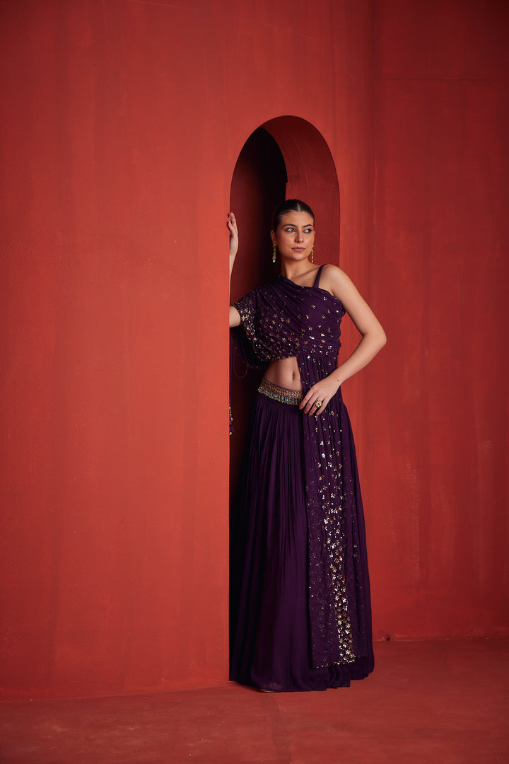 Neerus Womens Wine Color Georgette Fabric Ghagra Set