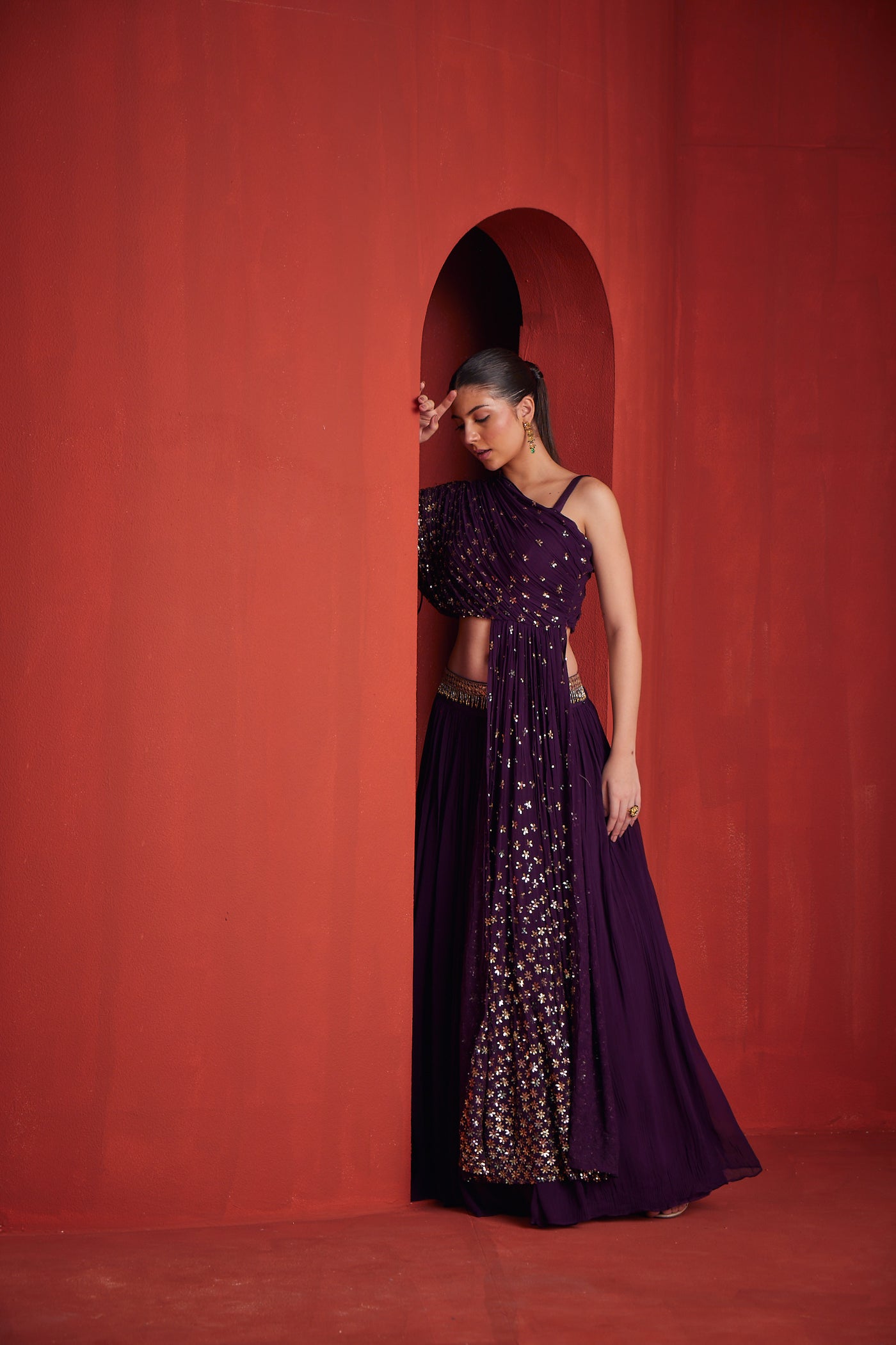 NEERU'S WOMENS WINE COLOR GEORGETTE FABRIC GHAGRA SET