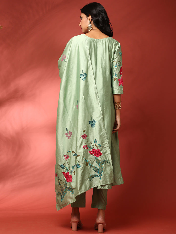 Mint green aalique work silk anarkali three piece suit set