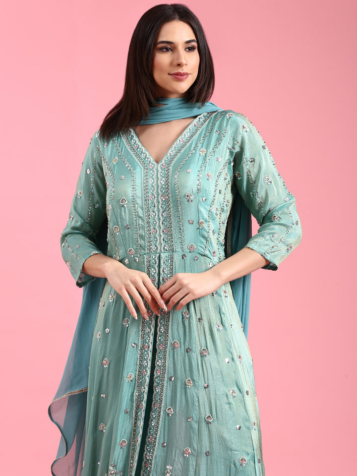 Sea Green Tissue Beads Work Kali With Palazzo